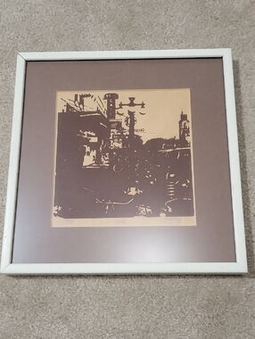 Framed Vintage-Style Silkscreen Print in Brown and Cream